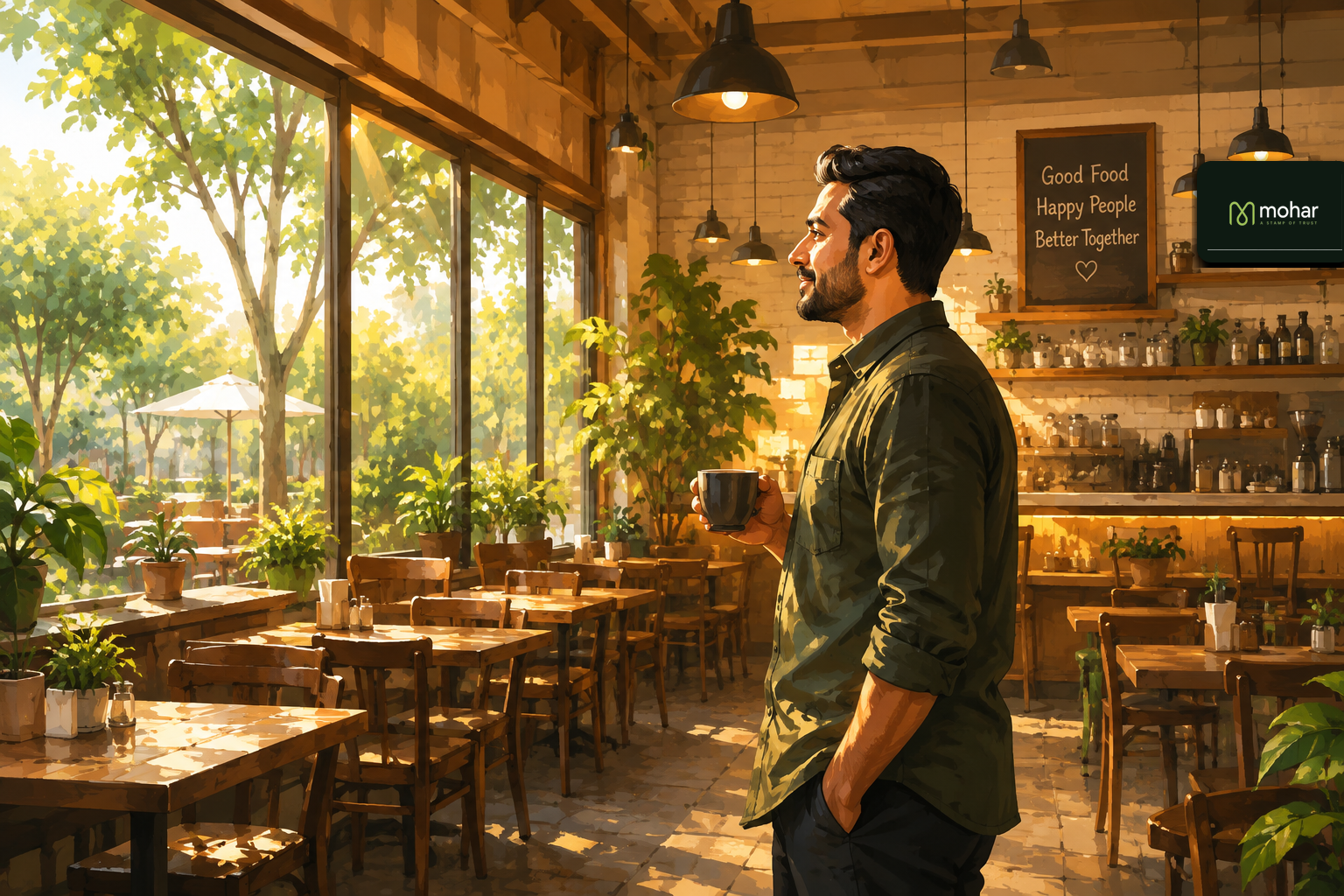 Restaurant owner in his outlet, morning light